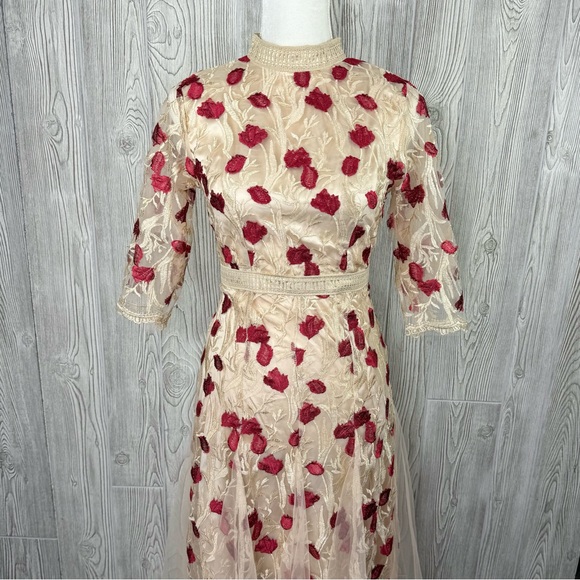 boutique floral embroidered midi dress M vintage look victorian fit & flare NWOT - Picture 4 of 12